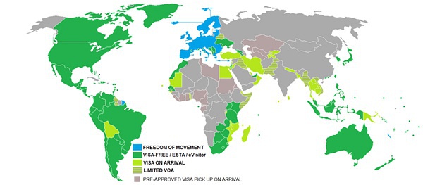 塞浦路斯护照免签国家示意图